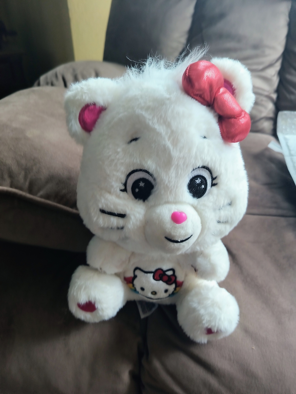 Hello Kitty Style White Plush Cat Toy with Pink Bow 9 Tall